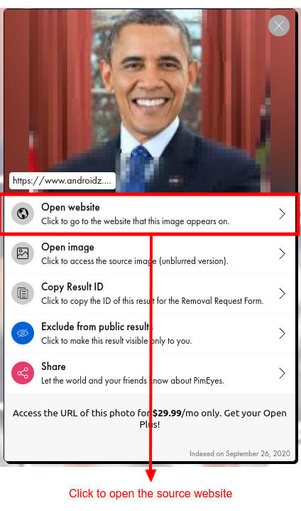 The button to open the page from the link