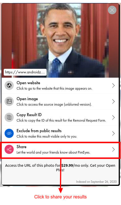 Share the result to show how your face was found using facial recognition search engine